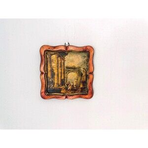 Vintage Mini Florentine Italian Square Wood Art Hand Painted Floral Gold Gilt